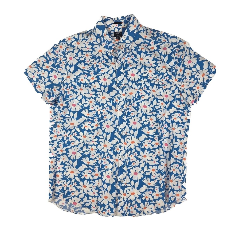 J. Crew Slim Fit Flex Washed Blue White Floral Short Sleeve Shirt Men's Large